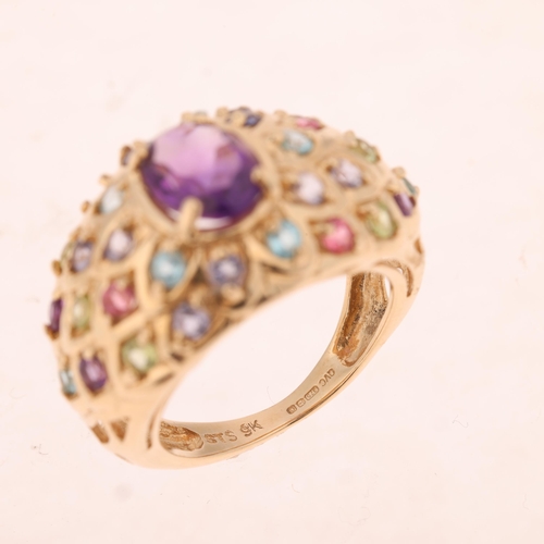 1468 - A 9ct gold gem set bombe ring, by QVC, Birmingham 2002, gemstones include amethyst topaz peridot etc... 