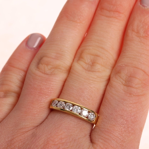 1476 - An 18ct gold six stone diamond half hoop ring, maker M Ltd, London 1999, channel set with modern rou... 