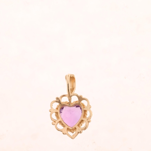 1478 - A 9ct gold amethyst heart pendant, set with heart-cut amethyst, unmarked mount tests as 9ct, 16.9mm,... 