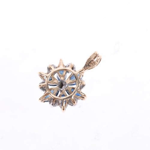 1487 - A 9ct gold sapphire and diamond flowerhead cluster pendant, set with marquise-cut sapphires and roun... 