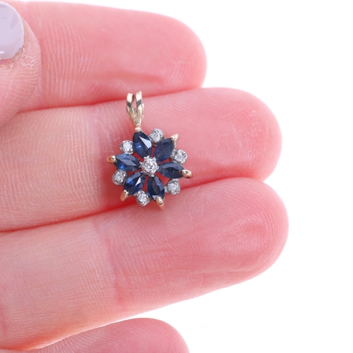 1487 - A 9ct gold sapphire and diamond flowerhead cluster pendant, set with marquise-cut sapphires and roun... 