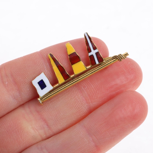 1496 - A 9ct gold enamel nautical signal flag brooch, maker JWB, Birmingham 1979, 36.7mm, 4g