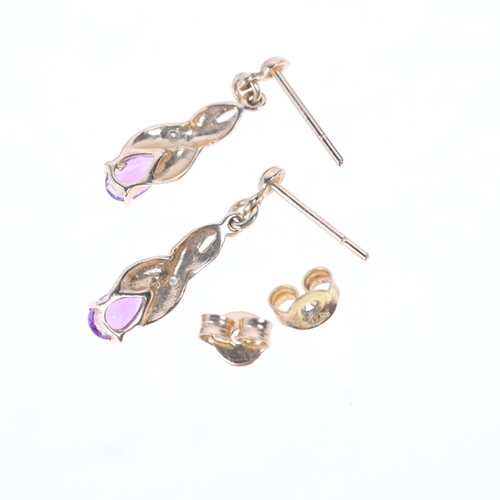 1506 - A pair of 9ct gold amethyst and diamond drop stud earrings, 19.4mm, 1g