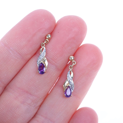 1506 - A pair of 9ct gold amethyst and diamond drop stud earrings, 19.4mm, 1g