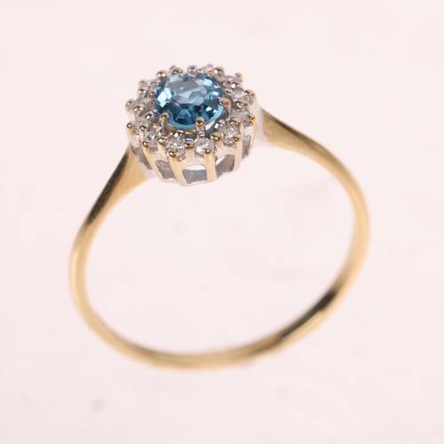 1515 - A 9ct gold blue topaz and diamond oval cluster ring, maker AT Ltd, London 1988, set with oval mixed-... 