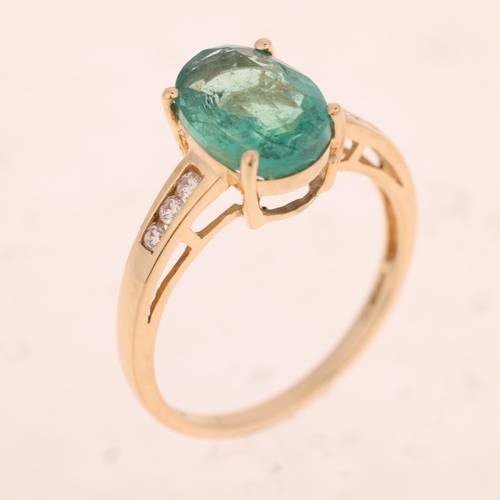 1522 - A 14ct gold emerald and diamond dress ring, set with oval mixed-cut emerald and modern round brillia... 