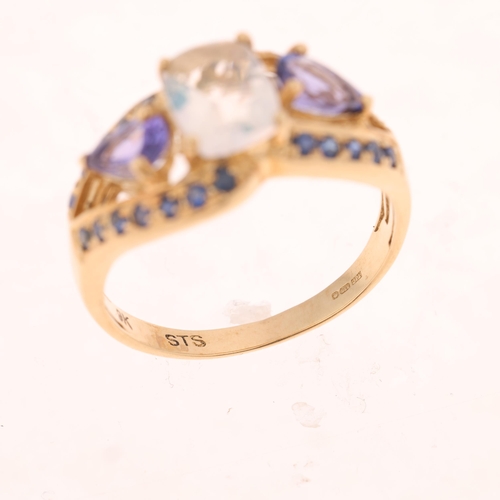 1532 - A 9ct gold opal tanzanite and sapphire dress ring maker TJC, set with oval mixed-cut opal with pear-... 