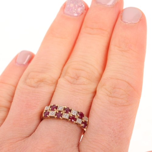 1533 - A 9ct gold ruby and diamond double-row half hoop ring, setting height 5.9mm, size P, 2.2g