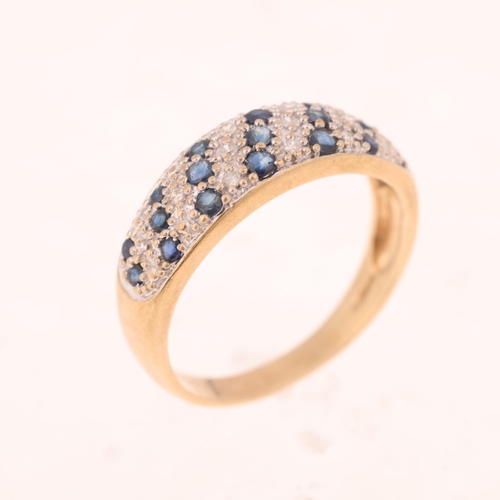 1534 - A 9ct gold sapphire and diamond triple-row bombe ring, setting height 6.3mm, size N, 2.4g