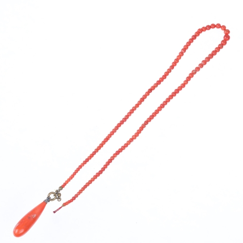 1541 - An Antique Victorian graduated coral bead necklace, with coral teardrop pendant, pendant 39.3mm, nec... 