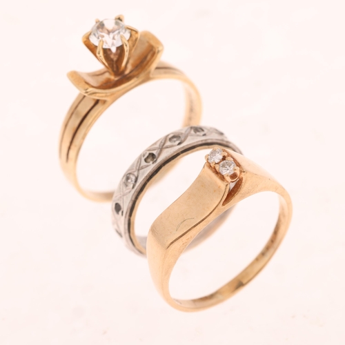 1543 - 3 rings, comprising 2 x 9ct gold, 6.2g gross, and 1 x 9ct and silver eternity, 2.4g, sizes L, Q and ... 