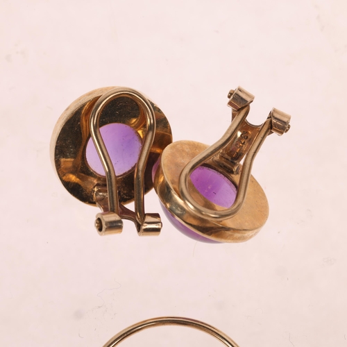 1544 - 3 pairs of 9ct gold earrings, including amethyst clip-on examples, 12.8mm, 8.7g gross (3 pairs)