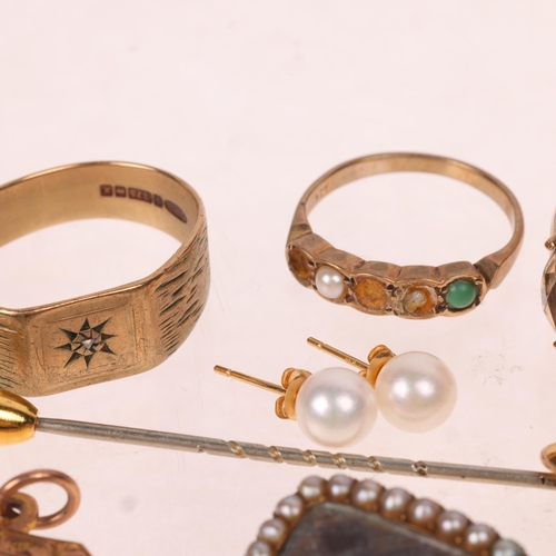 1550 - Various 9ct gold jewellery, including wedding band rings, smoky quartz ring, Georgian hairwork split... 