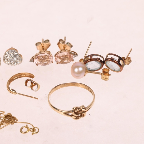 1552 - Various jewellery, including 9ct gold knot ring, heart earrings, etc, 7g gross