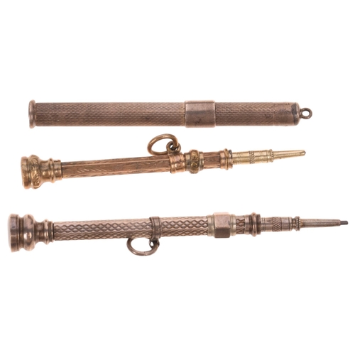 1555 - A 19th century gold plated propelling pencil, sterling silver toothpick, and another silver propelli... 