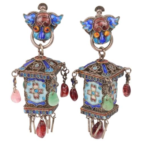 1565 - A pair of Chinese enamel gem set lantern drop earrings, unmarked, 62.7mm, 25.8g, boxed