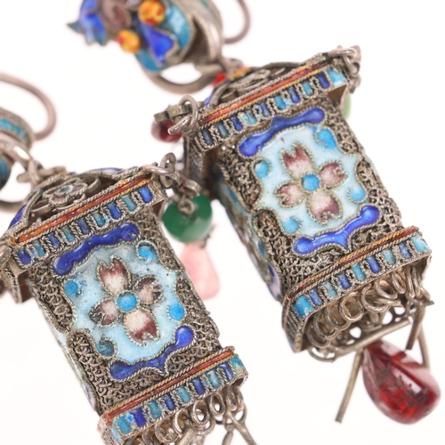 1565 - A pair of Chinese enamel gem set lantern drop earrings, unmarked, 62.7mm, 25.8g, boxed