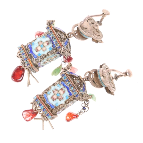 1565 - A pair of Chinese enamel gem set lantern drop earrings, unmarked, 62.7mm, 25.8g, boxed