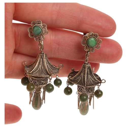 1569 - A pair of Chinese jade pagoda drop earrings, unmarked filigree decoration with screw-back fittings, ... 