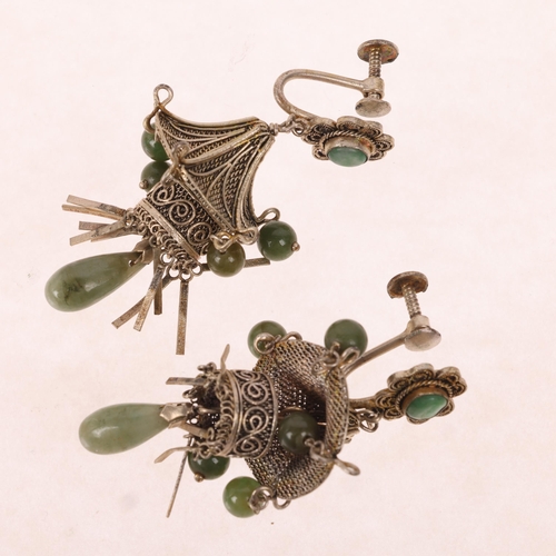 1569 - A pair of Chinese jade pagoda drop earrings, unmarked filigree decoration with screw-back fittings, ... 