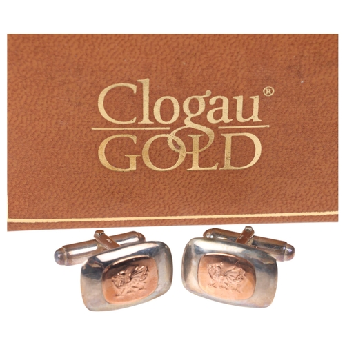 1572 - CLOGAU - a pair of Welsh sterling silver and 9ct rose gold dragon cufflinks, 18.3mm, 9.2g, boxed