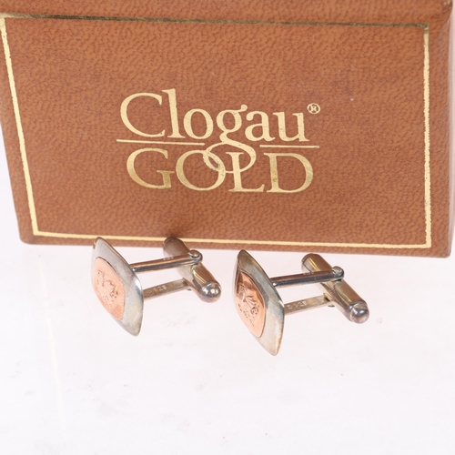 1572 - CLOGAU - a pair of Welsh sterling silver and 9ct rose gold dragon cufflinks, 18.3mm, 9.2g, boxed