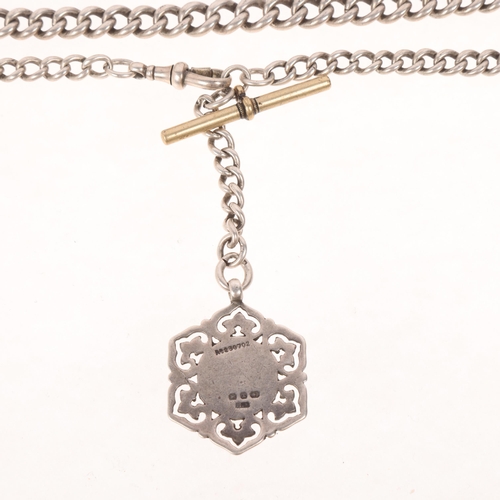 1574 - An Antique silver graduated solid curb link Albert chain necklace, with silver dog clip medal fob an... 