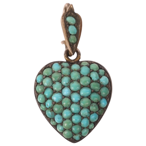 1575 - An Antique Victorian turquoise heart mourning pendant, unmarked silver-gilt settings, pave set with ... 