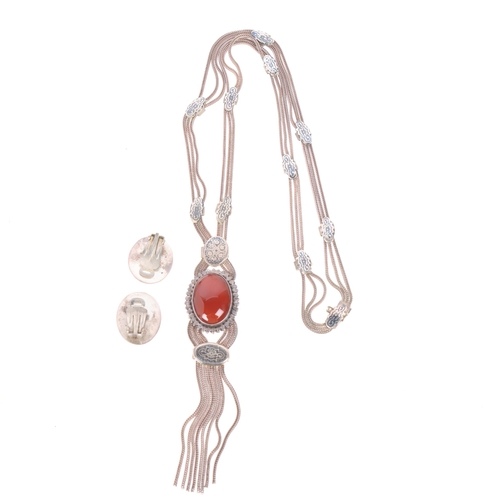 1577 - A Middle Eastern 900 silver niello and carnelian tassel necklace and pair of clip-on earrings set, p... 