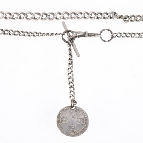 1581 - An Antique silver graduated solid curb link Albert chain necklace, with silver dog clip, T-bar and 1... 