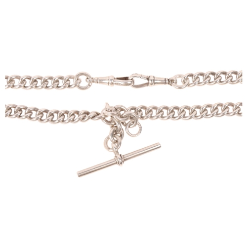 1590 - An Antique silver solid curb link double Albert chain necklace, with matching silver T-bar and 2 dog... 