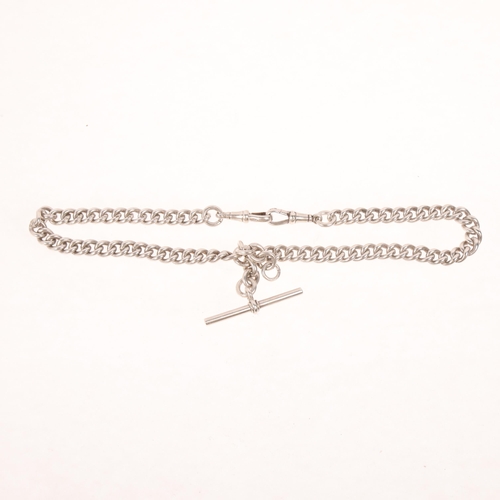 1590 - An Antique silver solid curb link double Albert chain necklace, with matching silver T-bar and 2 dog... 