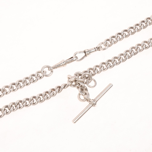 1590 - An Antique silver solid curb link double Albert chain necklace, with matching silver T-bar and 2 dog... 