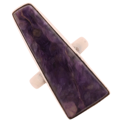 1602 - A modern sterling silver charoite dress ring, setting height 36.9mm, size R, 10.9g