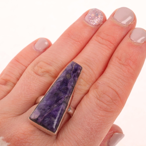 1602 - A modern sterling silver charoite dress ring, setting height 36.9mm, size R, 10.9g