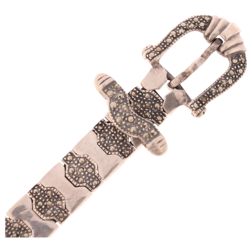 1605 - A novelty sterling silver marcasite belt buckle bracelet, band width 10mm, 17cm, 36g