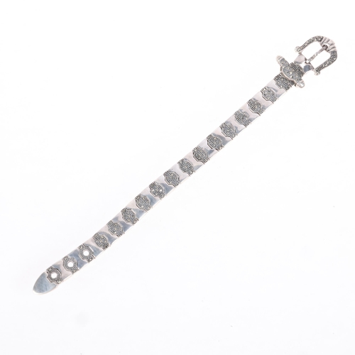 1605 - A novelty sterling silver marcasite belt buckle bracelet, band width 10mm, 17cm, 36g