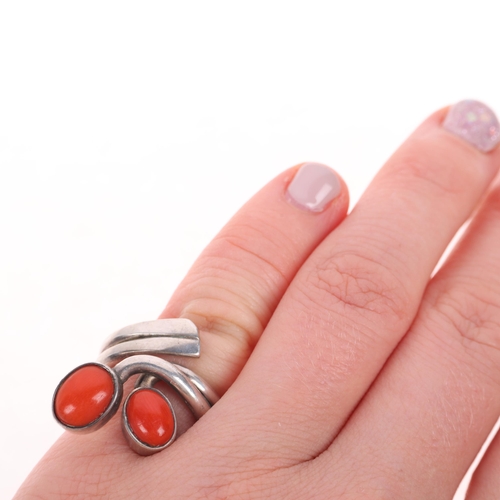 1616 - DAVID BENDY - a Danish modernist sterling silver coral floral ring, setting height 23mm, size H, 8.9... 