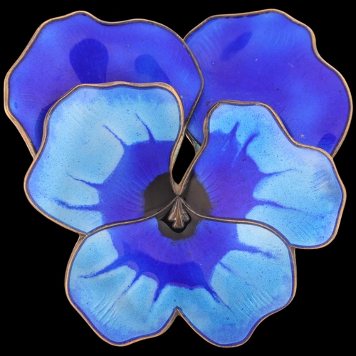 1617 - DAVID ANDERSEN - a large Norwegian vermeil sterling silver blue enamel 'Pansy' brooch, 46.7mm, 19.6g