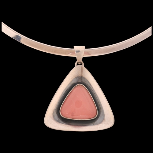 1621 - NIELS ERIK FROM - a Danish modernist sterling silver rose quartz geometric pendant neck torque, pend... 