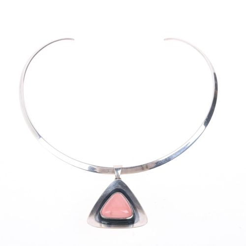 1621 - NIELS ERIK FROM - a Danish modernist sterling silver rose quartz geometric pendant neck torque, pend... 