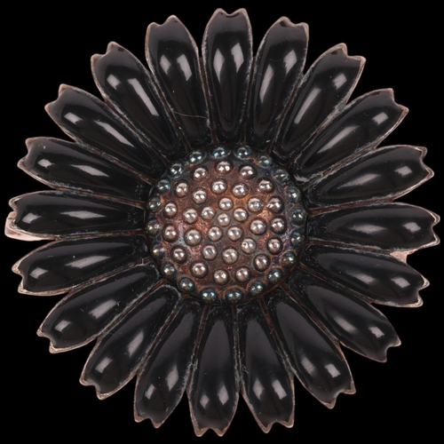 1627 - A Danish sterling silver black enamel daisy pattern brooch/pendant, indistinct maker, 32.5mm, 11g