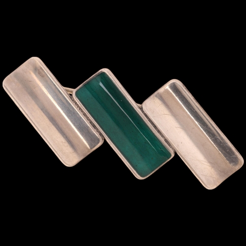 1628 - JENS TAGE HANSEN - a Danish modernist sterling silver green enamel geometric abstract brooch, 44.3mm... 