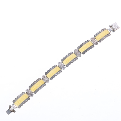 1635 - An Art Deco silver yellow enamel floral panel bracelet, by Harmony, band width 14.3mm, 18cm, 20.8g