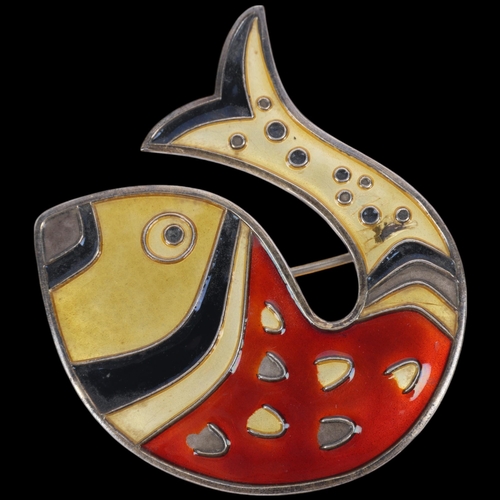 1638 - DAVID ANDERSEN - a Vintage Norwegian modernist sterling silver-gilt enamel fish brooch, 41.2mm, 9.5g