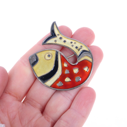 1638 - DAVID ANDERSEN - a Vintage Norwegian modernist sterling silver-gilt enamel fish brooch, 41.2mm, 9.5g