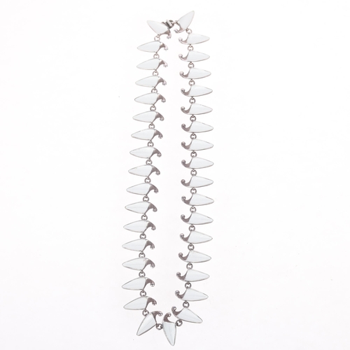 1640 - EINAR MODAHL - a Norwegian modernist sterling silver white enamel leaf panel necklace, 38.5cm, 32.5g