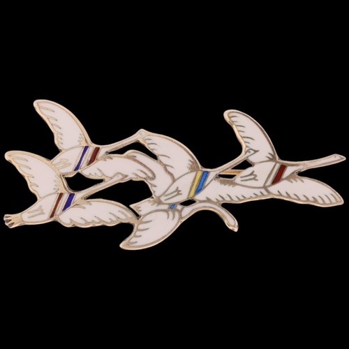 1645 - A DRAGSTED - a Danish modernist sterling silver-gilt enamel 'Flying Geese' brooch, 59.1mm, 9.5g