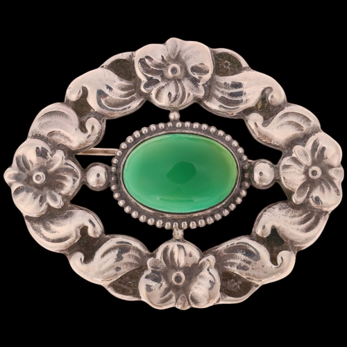 1646 - TORBEN HERMANN MEIER - an Art Nouveau Danish silver chalcedony floral brooch, 56.8mm, 13.4g