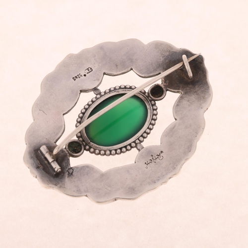 1646 - TORBEN HERMANN MEIER - an Art Nouveau Danish silver chalcedony floral brooch, 56.8mm, 13.4g